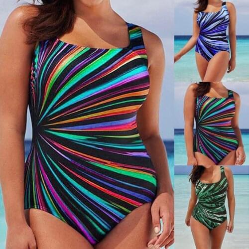 Women Swimsuit Sexy Bikinis Swimwear One Piece Bodysuit Monokini Bathing Suit Conservative Gradient Stripe Large Size Beachwear