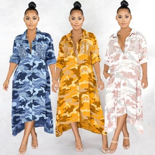Womens stand-up collar loose camouflage print shirt dress