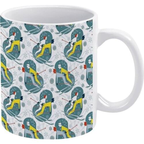 Mid Century Winter Holiday Retro Ski Couples And Snowflakes White Mug New Good Quality Print Mug 11 Oz Coffee Cup Winter Holida
