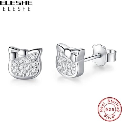 100% Real 925 Sterling Silver Earrings Cubic Zirconia Cute Cat Animal Stud Earrings for Women Fashion Jewelry Christmas Gift