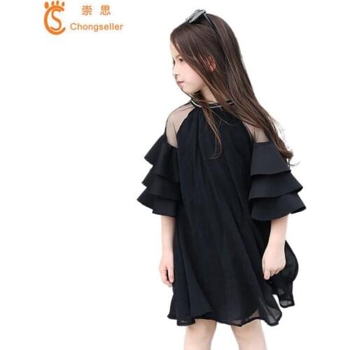 2018 Kids Dresses for Girls Summer GirlsFashion Dress Chiffon Black Color Casual Dress for Teens Girls 120 130 140 150 160 165