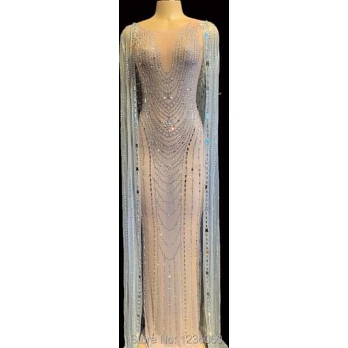 Sparkly Crystals Cloak Dress Outfit Luxurious Mesh Perspective Dress Evening Costume Dress Birthday Celebrate Dress YOUDU