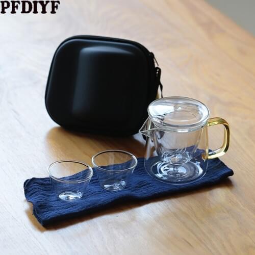 Travel Kung Fu Glass Tea Set with Car Carrying Bag Portable Outdoor 1 Pot 2 Cups Elegant Small Bubble Tea Cup Quick Guest Teapot