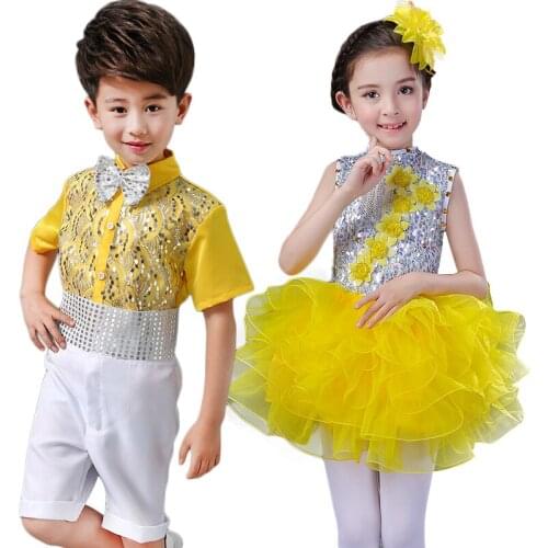 Boy Girl Sequin Jazz Costume Blue Pink Red Hip Hop Costume Modern Dance Performance Wear Skirt Suit Dress Clothes for Kids