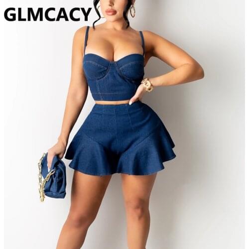 Two Piece Denim Dress Suits Spaghetti Strap Crop Top & Mini Skirt Set