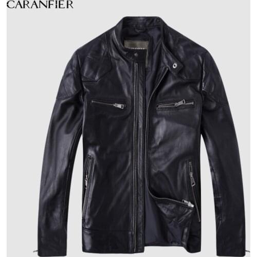 CARANFIER Fashion Leather Motorcycle Coat Male Genuine Leather Sheepskin Clothing Short Design Real Leather Jackets Overcoats