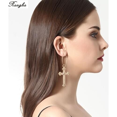 Fashion Brand Metal Cross Hoop earrings for women Punk jewelry Gold circle earrings pendant Vintage Bijoux