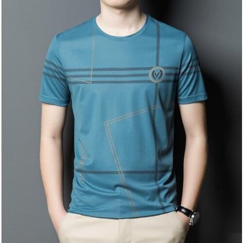 Mens Summer Solid Color T-shirt Stripe Decoration Mens Casual Slim Top