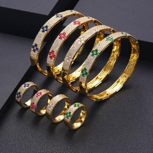 Janekelly luxury Unique African Bangle Ring Set Jewelry Sets For Women Wedding Cubic Zircon Crystal CZ Dubai Bridal Jewelry Set