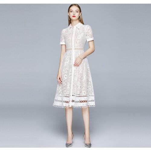 2020 New Womens Summer Dresses Solid Office Lady Short Lace Mid-Calf Elegant Dresses Lace Party Night A-Line Womens Dresses