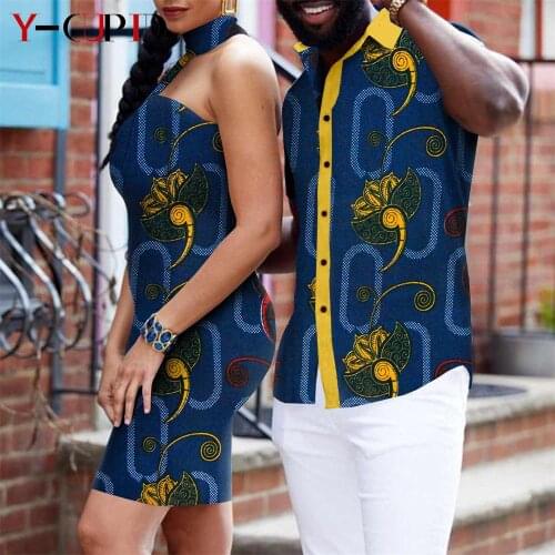 New African Print Dresses for Women Matching Men Outfits Shirts Bazin Riche Love Clothes Women Sexy Slim Mini Dresses Y21C021
