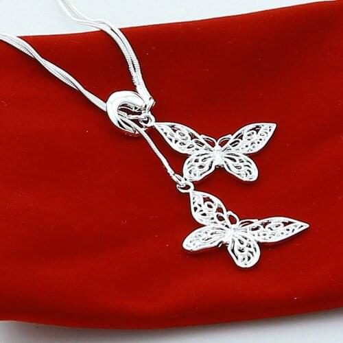 NEW Style 925 Sliver Two Butterfly Pendant Snake Chain Necklace For Women Wedding Engagement Birthday Anniversary Trendy Gift