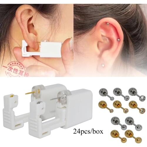 24pcs/Pack Disposable Easier Safe Sterile No Pin Ear Piercing Gun Units Cartilage Tragus Helix Stud Piercer Tool Machine Kit