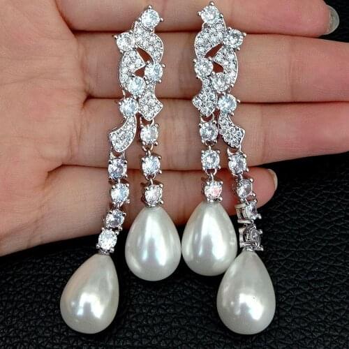 YYGEM Office style Teardrop White Sea Sell Pearl Cubic Zirconia micro pave White Gold color Stud Earrings fashion earrings
