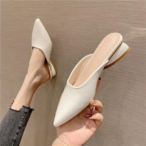 Outside Cover toe slippers women mules flip flops summer hoof heels shoes woman sandals pointed toe solid lazy slides size 34-40