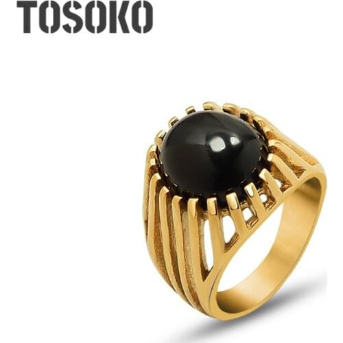 TOSOKO Stainless Steel Jewelry Cats Eye Stone Hollow Out Heavy Industry Ring Womens Fashion Hip Hop Rng BSA175