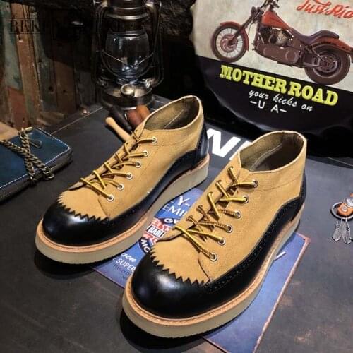 Harajuku Vintage Round Toe Platform Work Shoe Designer Cowhide Mens Dress Shoes 2020 Splice Genuine Leather Carving Brogue Shoes