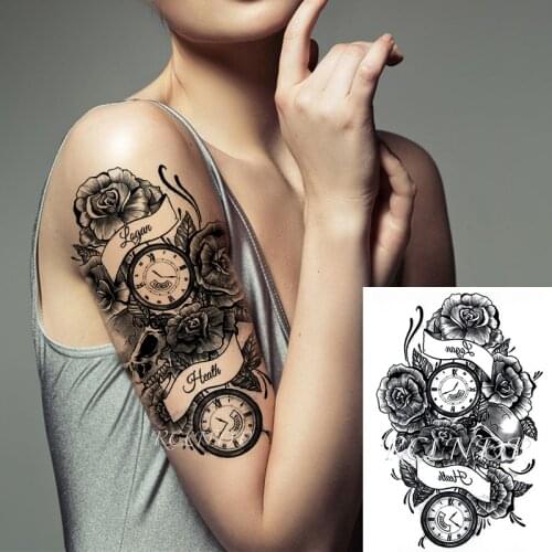 Waterproof Temporary Tattoo Sticker Rose Flowers Clock "logon Health" Words Fake Tatto Flash Tatoo Arm Leg Art for Women Men