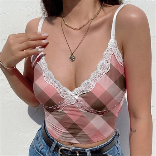 2021 Summer New Trend Womens Ribbon Stitching Deep V-neck Plaid Printed Pattern Camisole