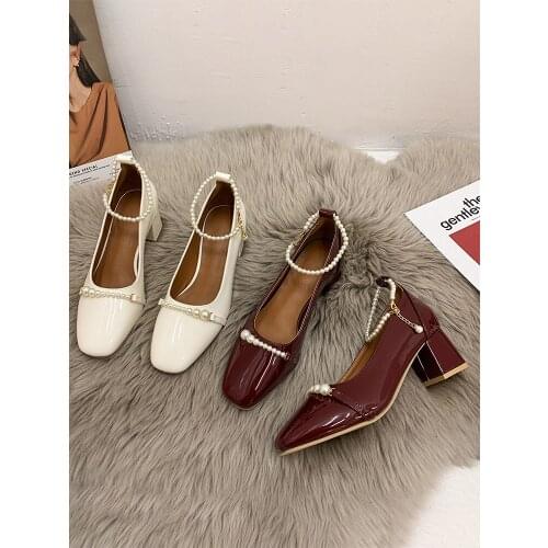 Mary Jane Womens Shoes 2021 Spring and Autumn Japanese Style Square Toe Pearl Net Red Same Paragraph Square Heel High Heels
