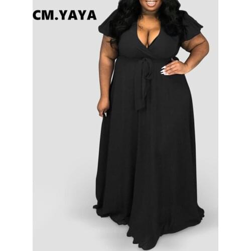 CM.YAYA Women Plus Size Dress Solid Short Sleeve V-neck Bandage Sashes Loose Maxi Long Dresses Office Lady Outfit Summer 2021