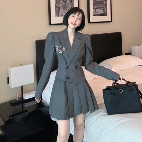 Fake 2 Piece Blazer Dress Women Short Gray Pleated long sleeve Dress 2021 Notched Double-breasted High Quality Lady Office Dress