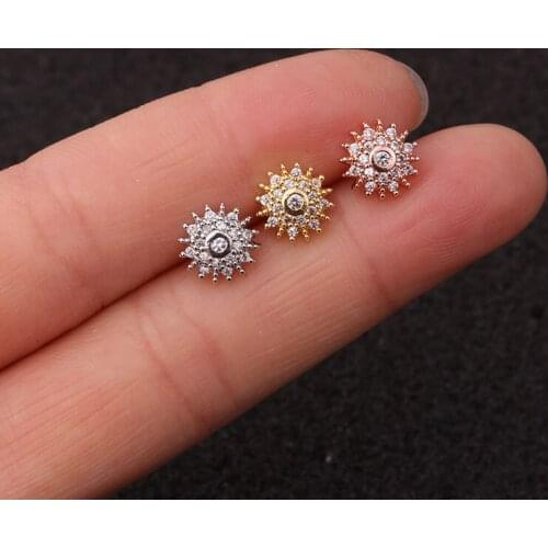 1 PCS Fashion Shiny Round Micro Pave Ziron Piercing Ear Cartilage Cuff Stud Earring Simple Gold Color Steel Bar Ball Ear Jewelry
