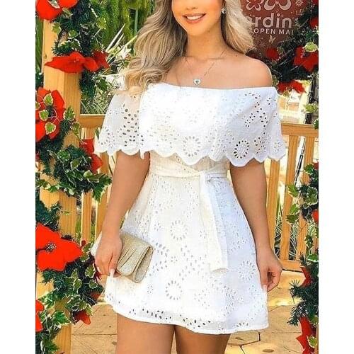 2021 Summer Solid Off Shoulder Broderie Lace Mini White Mini Dress Skinny Bodycon With Sashes Sexy