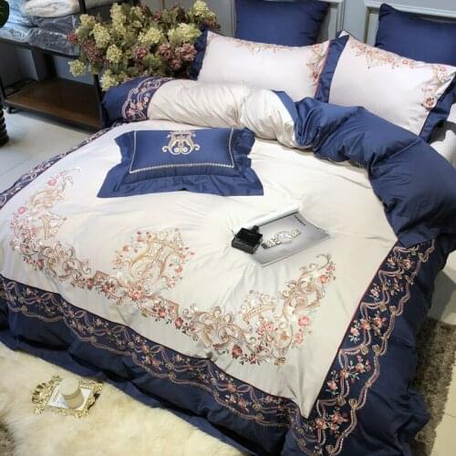 Luxury Embroidery blue white 100S Egyptian cotton Bedding sets Queen King Royal Duvet cover Bed sheet set Pillowcase 4pcs 6pcs