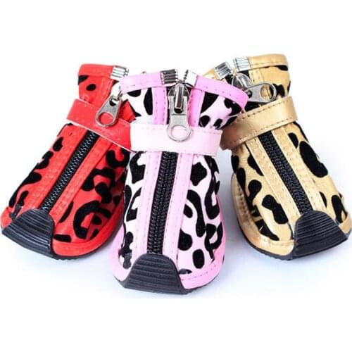 4pcs/Set Spring Summer Pet Dog Shoes Puppy Breathable Sandals Boots Soft Leather Leopard Print Shoe for Dogs Cats Three Colors