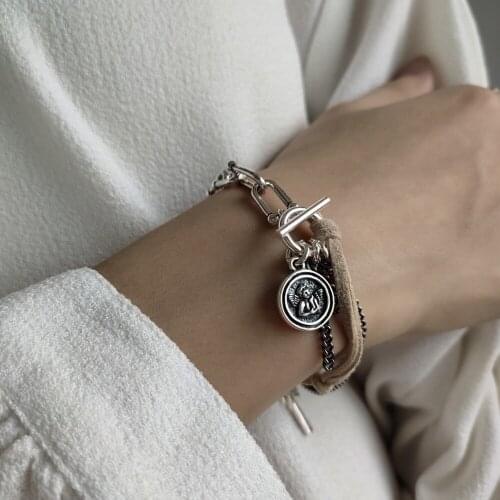 925 Sterling Silver Girl Communion Christian Cross Rosary Bracelets Velvet Leather Holy Angel Charm Bracelet Religious Jewelry