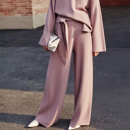 AEL wool knitwear Wide leg pants women autumn winter 2019 bowknot belt loose Elastic trousers fashion elegant woman clothing