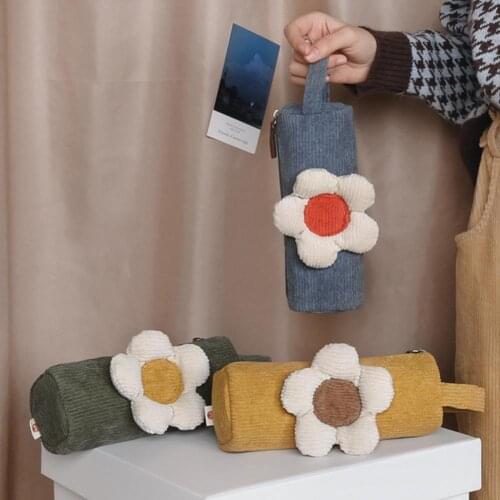 Pencil Case Multifunctional 3D Flower Decoration Corduroy Lovely Zipper Beauty Bag for Student