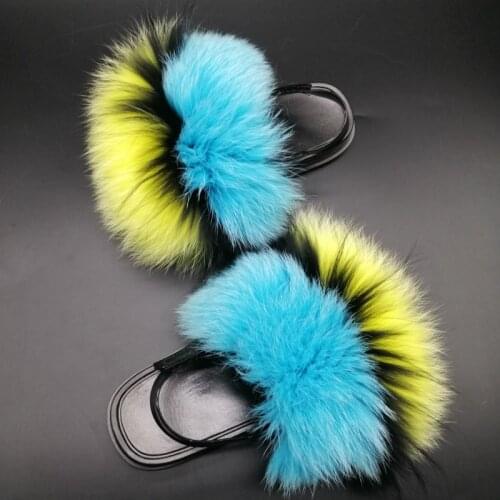 Toddler Rainbow Furry Fur Flat Shoes Cute Kids Fluffy Fur Non-slip Sandals Children Sweet Fur Slippers Girl Plush Home Slides