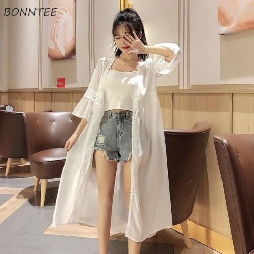 Sun Protection Jackets Women Pure Thin Fashion Summer Breathable College All-match Loose Lace Open Stitch Elegant Female Outwear
