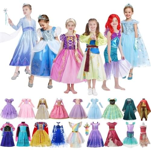 Disney Fancy Princess Frozen Elsa Dress Girls Mermaid Anna Cosplay Costume Rapunzel Dresses Kids for Party Cinderella Clothing