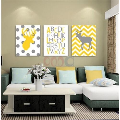 Cartoon Deer Chevron Art Print Canvas Painting Poster, Wall Pictures For Nursery Room Home Decoration, set of 3 FA083
