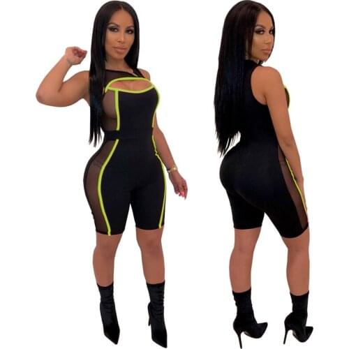 Neon Green Mesh Patchwork Sexy Jumpsuit Women Club Playsuit Romer Skinny Bodycon Bandage Jumpsuit Summer Short Jumpsuit Black