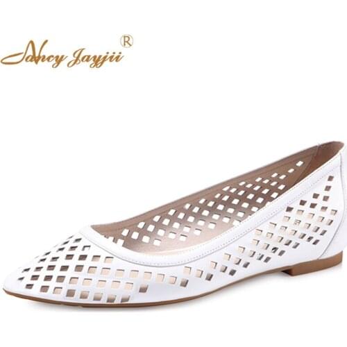 New Summer Fashion Cool Hole Ballet Shoes Women Pointed Toe Breathable Flats Casual White Leather Shoes Big Size 45 Nancyjayjii