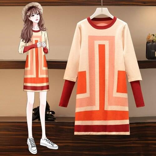 EHQAXIN Autumn Plus Size Womens Sweater Dresses New Geometric Contrast Color Long-Sleeved Knitted Dress Female 2021 M-3XL