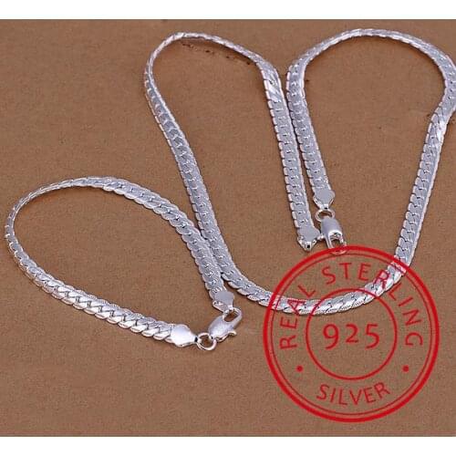 Wholesale 925 Sterling Silver Necklace Bracelet Jewelry Set Cheap Bridal Party Sets Mens 6MM Sideway Fashion Silver Necklace