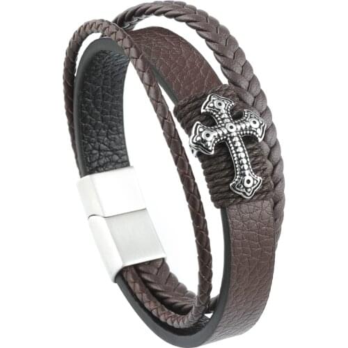 Vanbula Simple Retro Cross Handmade Products Three-Layer Leather Stainless Steel Mens Bracelet Jewlry Mens Gift Bracelet