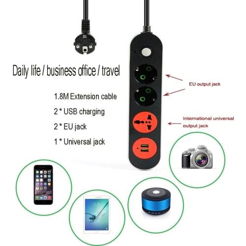 Multifunctional EU Power Strip Smart 1.8M Extension Cable Eu Socket Electrical Outlet Universal Jack EU Jack 2 USB Charger