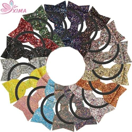 XIMA 17pcs/lot Glitter Fabric Sequin Bow with Elastic Band Hot-sale Hair Ties Girl Hair Accessories
