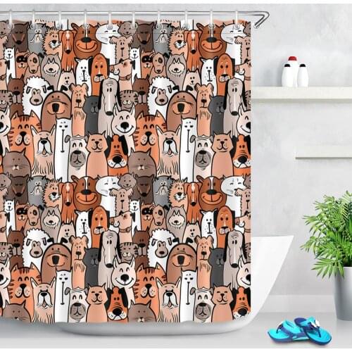 72'' Cartoon Lovely Doodle Dog And Cats Pattern Shower Curtain With Hooks Animals Bathroom Curtain Waterproof Fabric Polyester
