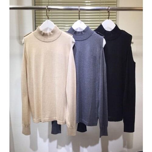 2020 Autumn Sweater Women High-end Brand Runway Fashion O-neck Chain Long Strapless Sleeve Black / Beige / Gray Top