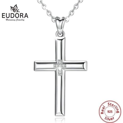 EUDORA 925 Sterling Silver Cross Pendant Necklace Solid Silver Cross Crystal Necklace Fine Jewelry with box For Women Man CYD468
