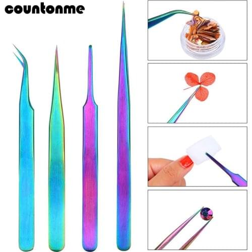 1pcs Curved Straight Tweezers Rainbow Nail Decoration Picker Dead Skin Remover Eyelash Extension Makeup Manicure Nail Tools