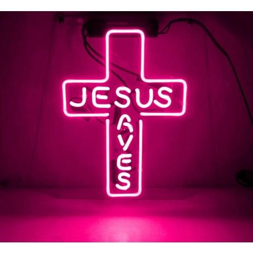 14"X10" Jesus Saves Christ Cross Pink Acrylic Custom Neon Light Lamp Sign Beer Bar Tube Handmade Real Glass Home Wall Room Decor