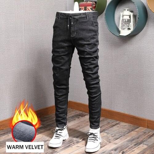 2021 Designer Fashion Winter Jeans Men Elastic Slim Fit Casual Denim Pencil Pants Homme Korean Style Thick Velvet Warm Trousers